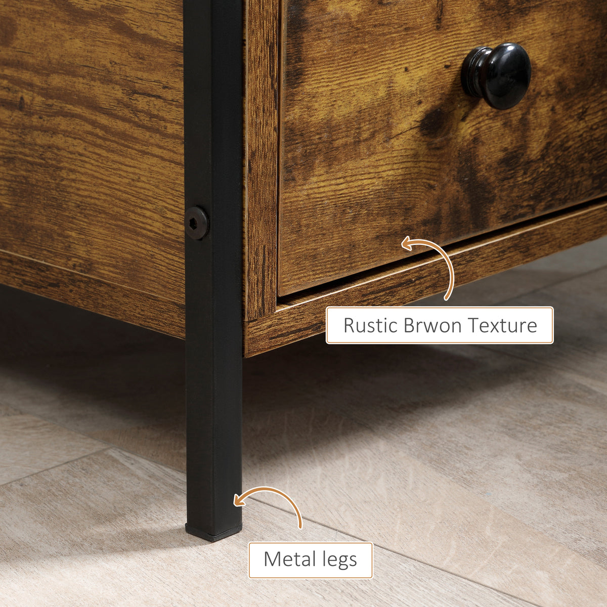 Close-up of the side table's rustic brown wood-grain finish and black metal leg