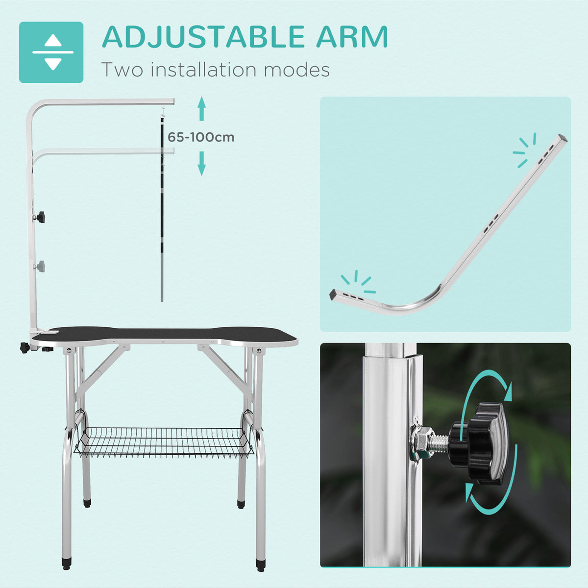 PawHut grooming table with height-adjustable arm, shown in two installation modes