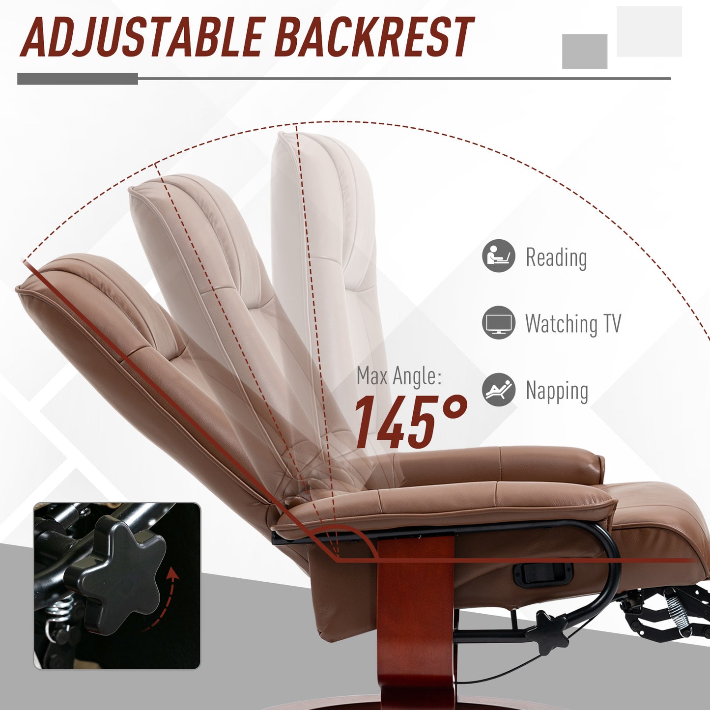 HOMCOM Faux Leather Armchair, with 145° Reclining Back and Footrest - Brown
