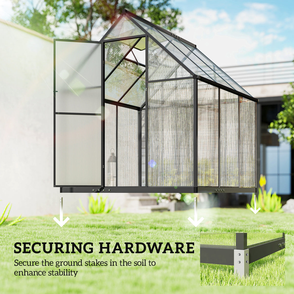 Outsunny 6 x 5.5ft Polycarbonate Greenhouse, Quick Setup Walk in Green House, Push Door, Adjustable Roof Vent, Rain Gutter, Black