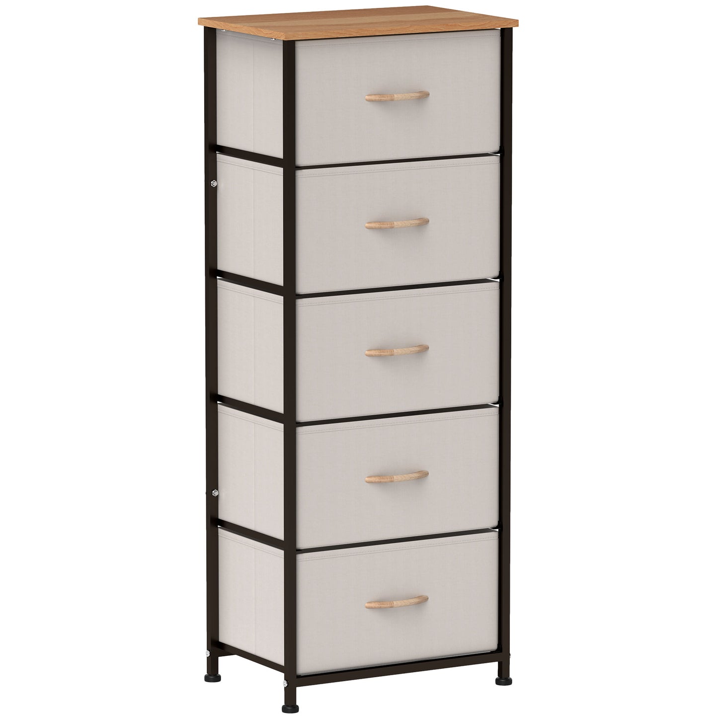 Photo of HOMCOM Fabric Chest of Drawers, Industrial Bedroom Dresser with 5 Fabric Drawers, Steel Frame and Wooden Top for Nursery, Living Room, Hallway, Cream White in White colour on a white background