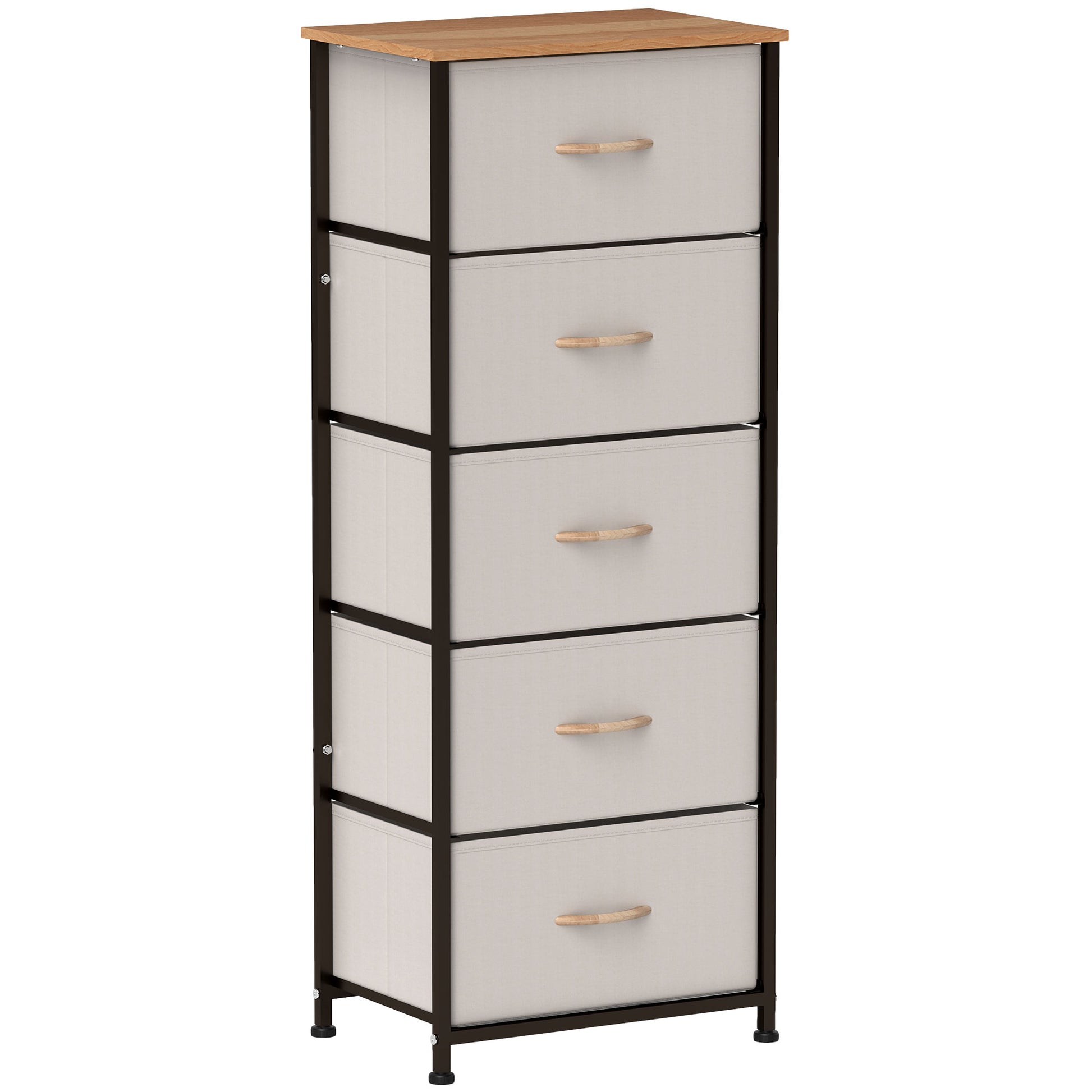 Photo of HOMCOM Fabric Chest of Drawers, Industrial Bedroom Dresser with 5 Fabric Drawers, Steel Frame and Wooden Top for Nursery, Living Room, Hallway, Cream White in White colour on a white background