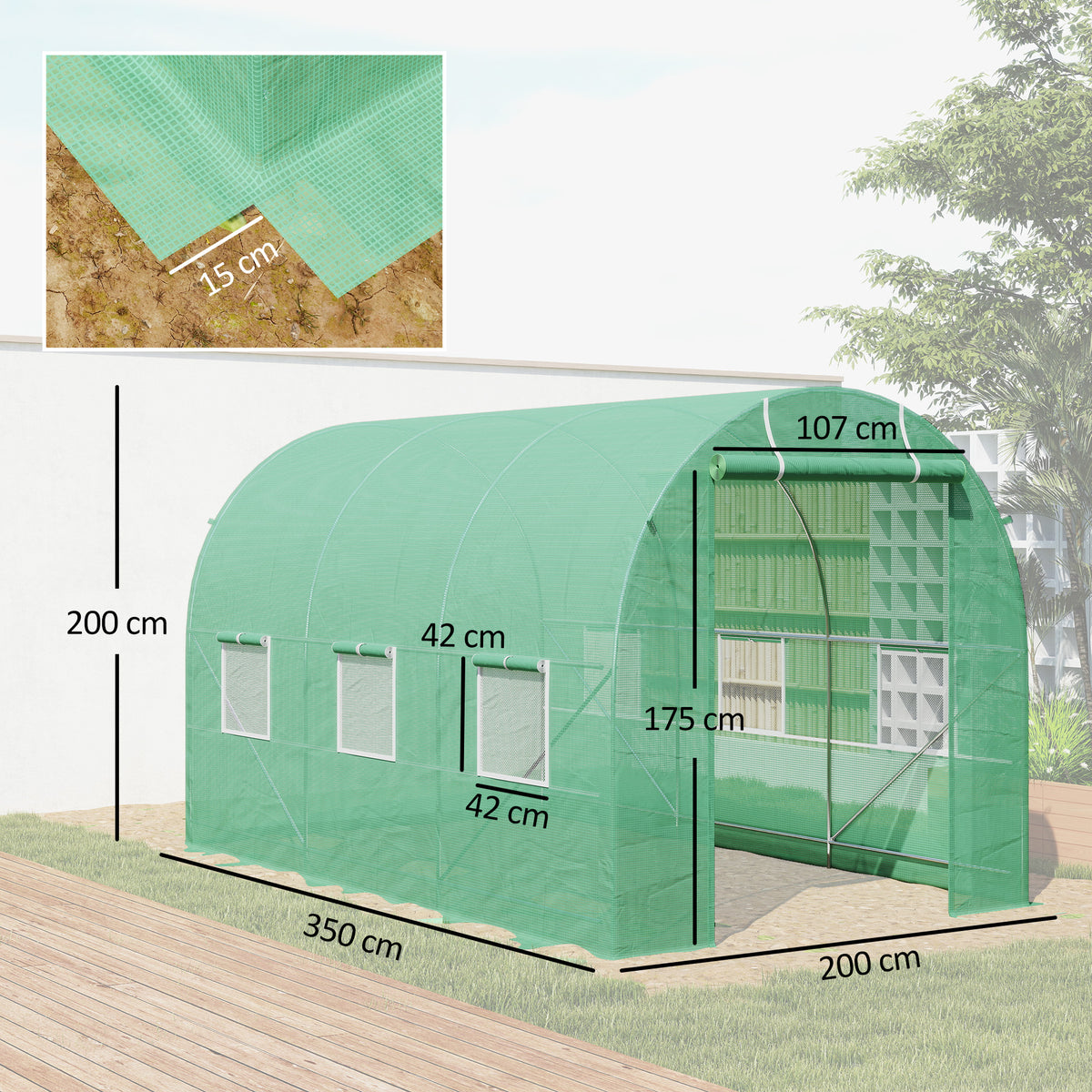 Green walk-in polytunnel greenhouse with steel frame, roll-up door, six windows and dimensions shown