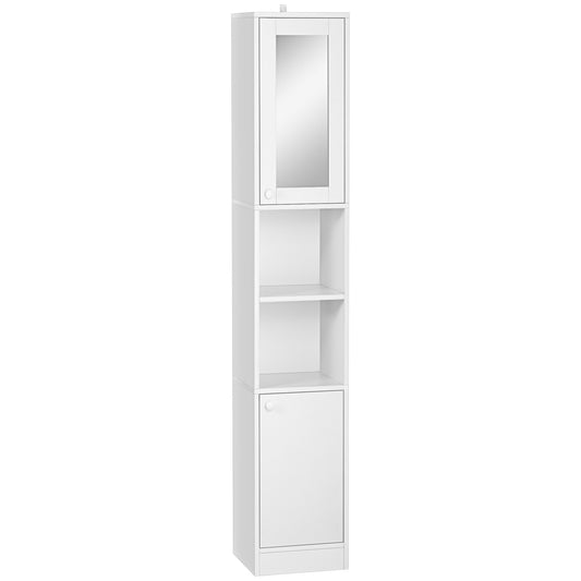 Photo of kleankin Tall Bathroom Storage Cabinet with Mirror, Narrow Bathroom Unit, Freestanding Bathroom Cupboard with Adjustable Shelves and 2 Doors, White in White colour on a white background