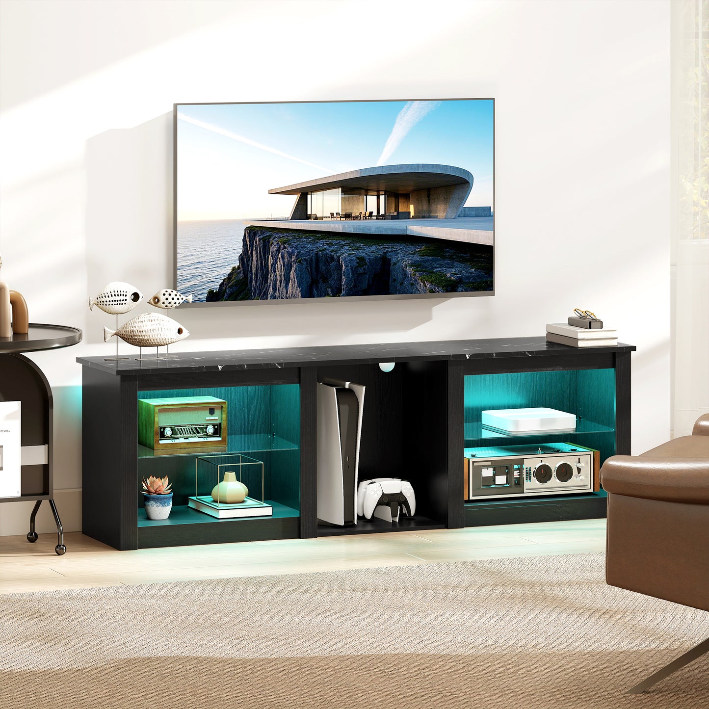 HOMCOM 65" TV Stand, with LED Lights and Storage - Black