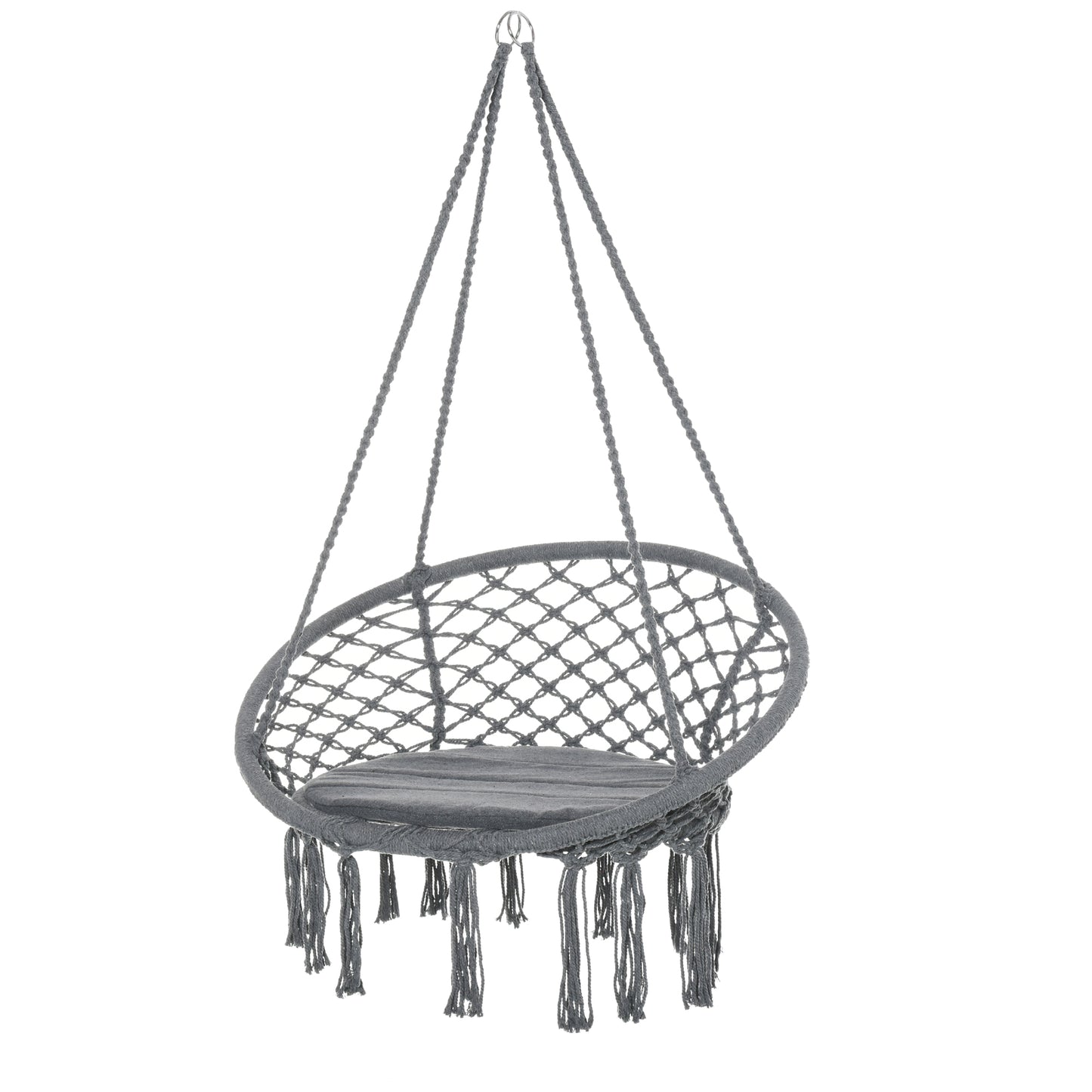 Photo of Outsunny Outdoor Cotton-Polyester Blend Macrame Hanging Rope Chair with Cushion, Portable Garden Chair with Fringe Tassels for Patio, Deck, Tree, Grey in Grey colour on a white background
