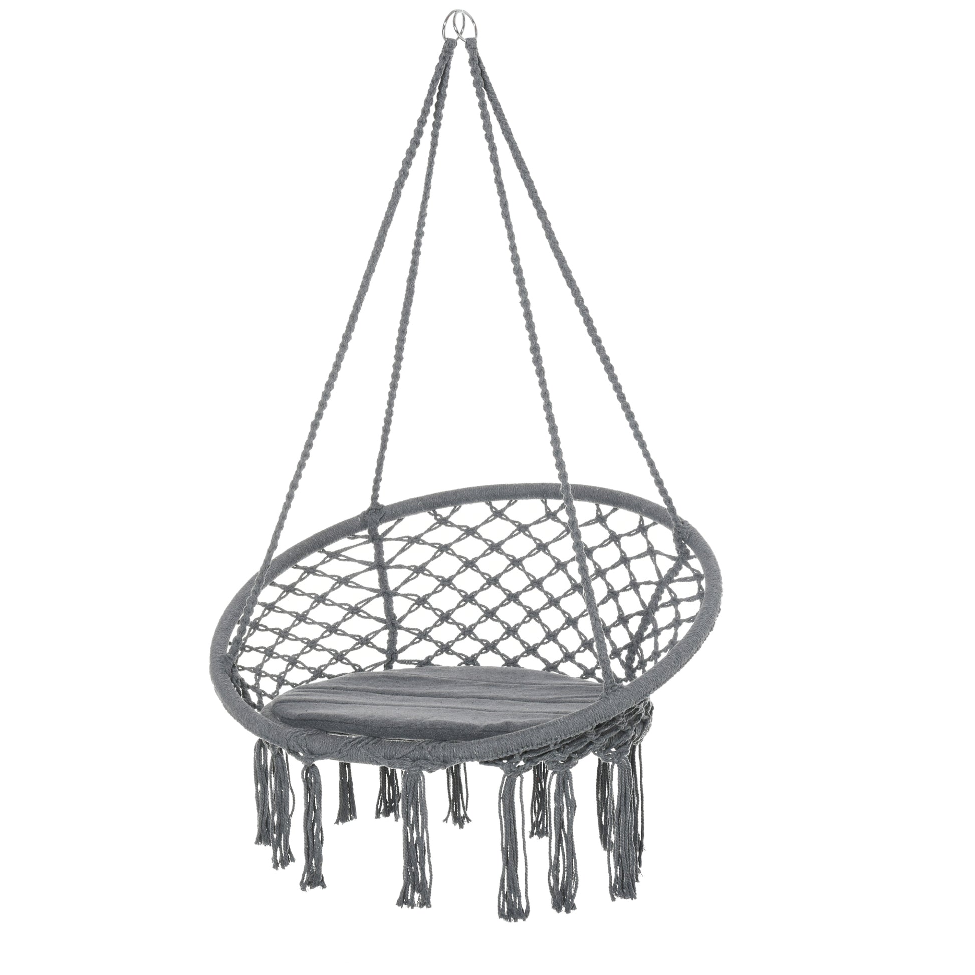 Photo of Outsunny Outdoor Cotton-Polyester Blend Macrame Hanging Rope Chair with Cushion, Portable Garden Chair with Fringe Tassels for Patio, Deck, Tree, Grey in Grey colour on a white background