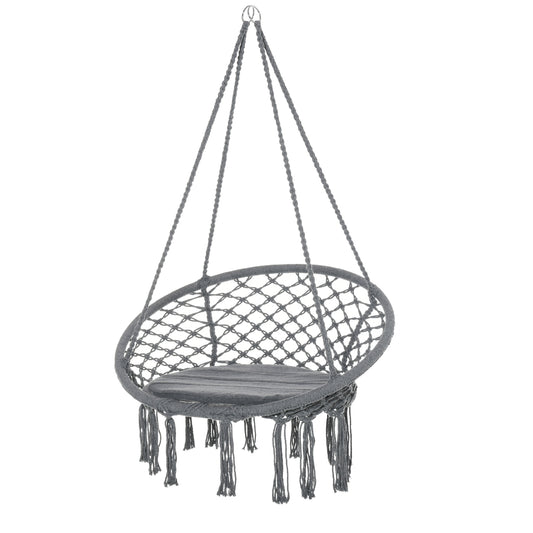 Photo of Outsunny Outdoor Cotton-Polyester Blend Macrame Hanging Rope Chair with Cushion, Portable Garden Chair with Fringe Tassels for Patio, Deck, Tree, Grey in Grey colour on a white background
