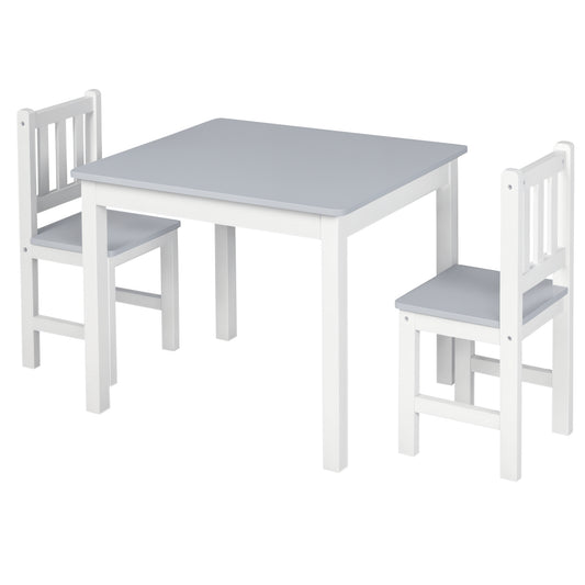 HOMCOM three-piece kids table and chair set with gray tops and white frames