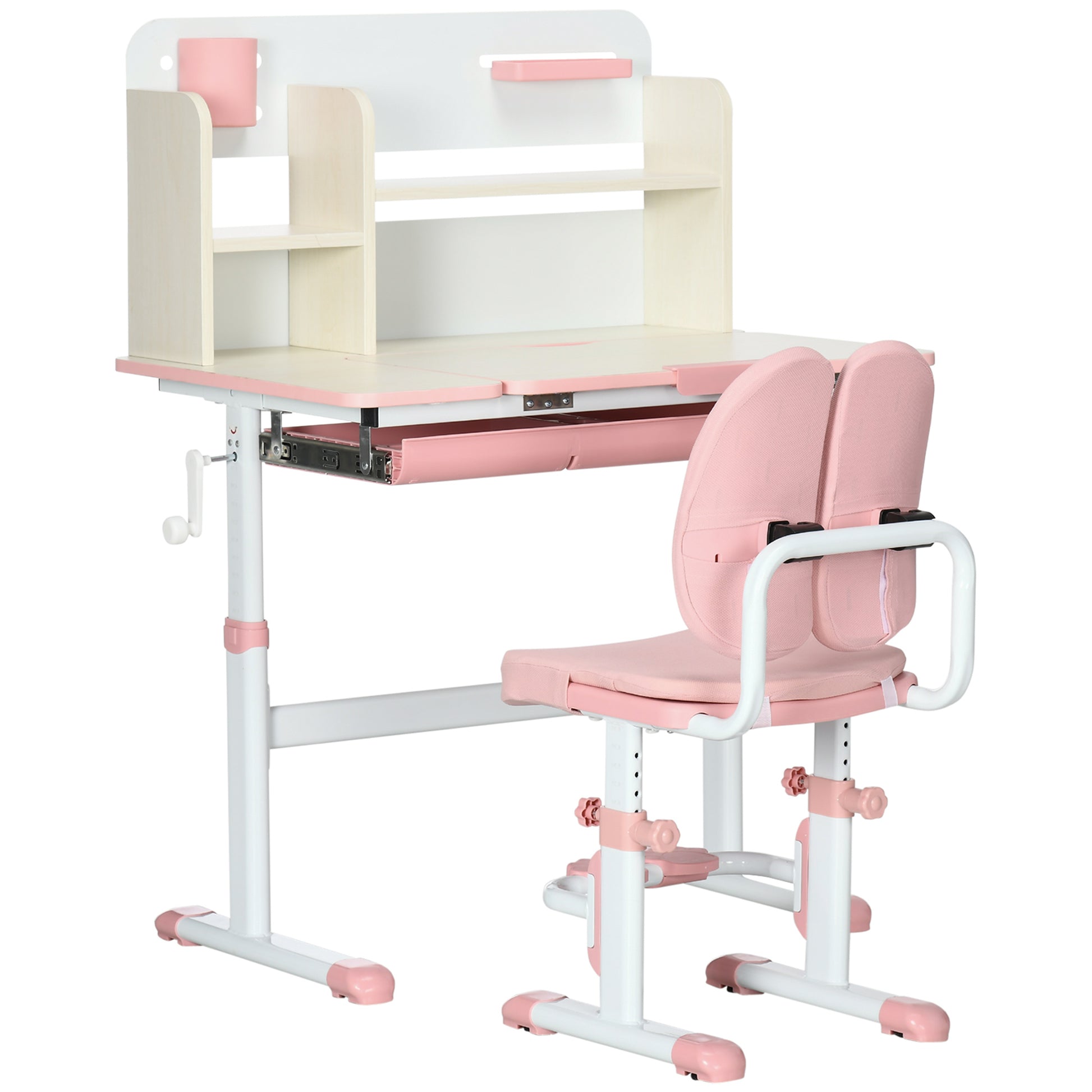 Photo of HOMCOM Kids Desk and Chair Set, with Storage Shelves, Washable Cover, for Ages 3-12 Years - Pink in Pink colour on a white background