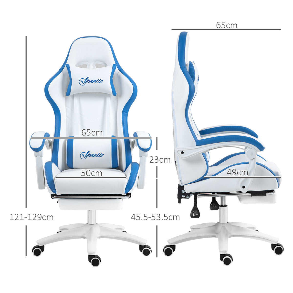 Vinsetto Gaming Chair, Computer Gamer Chair with Reclining High Back, Headrest, Lumbar Support, Footrest, Swivel Wheels, PU Leather, Adjustable Height for Home, White and Blue