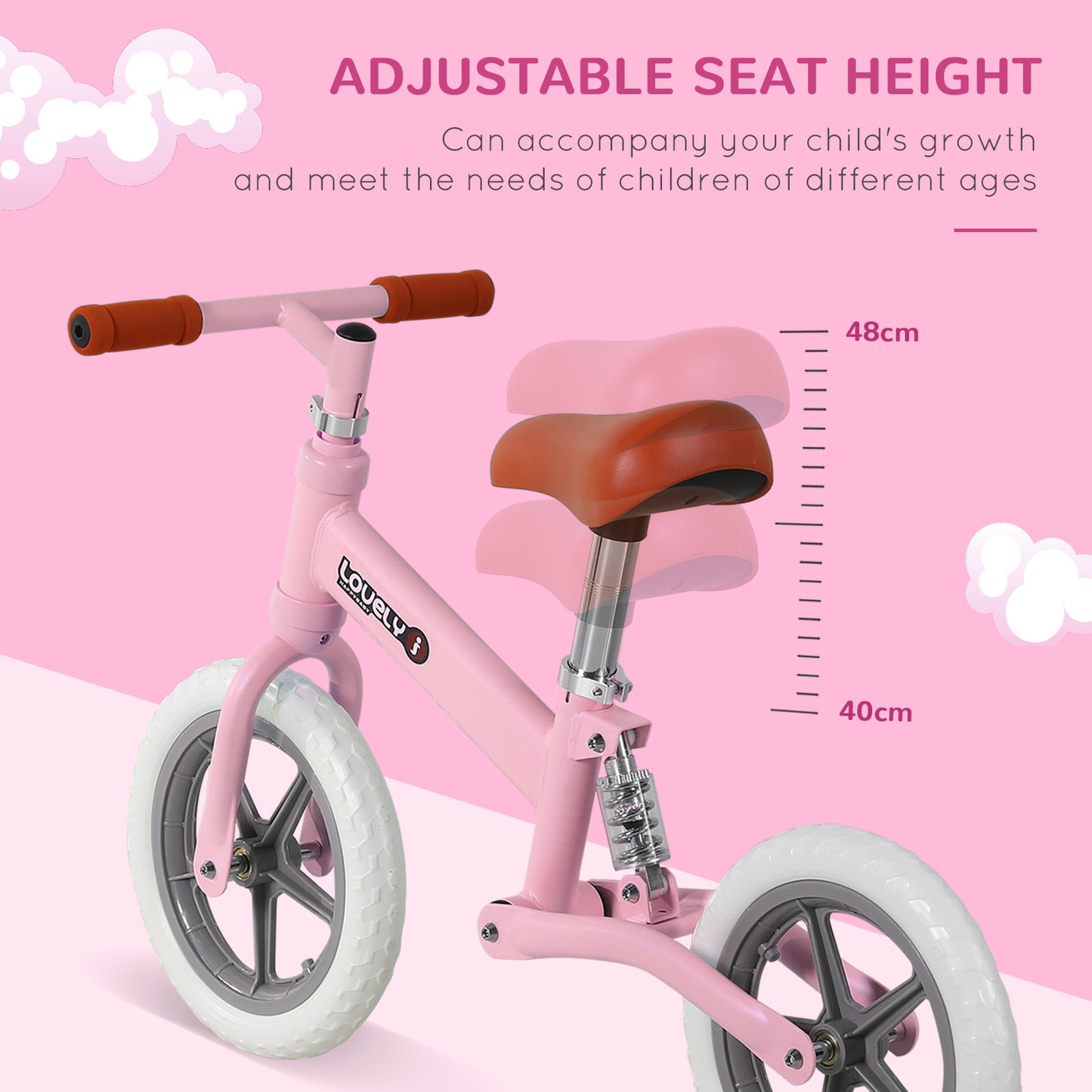 HOMCOM 12" Kids Balance Bike No Pedal Bicycle EVA Tyre Adjustable Seat Toddler Training Bike W/ Shock Absorber 2 - 5 Years Gift for Boys Girls Pink