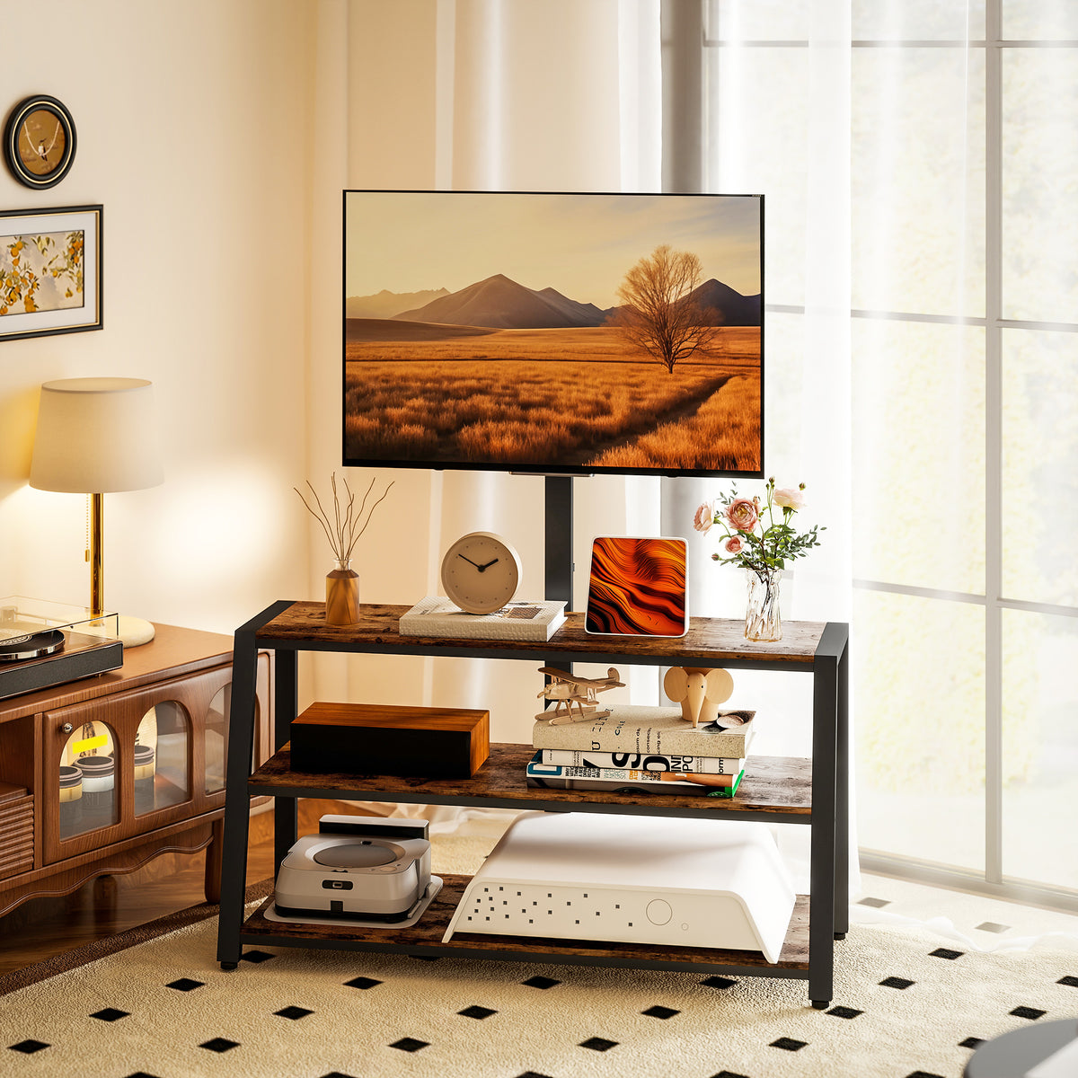 HOMCOM Industrial-Style TV Stand, with 35° Swivel Bracket - Dark Brown