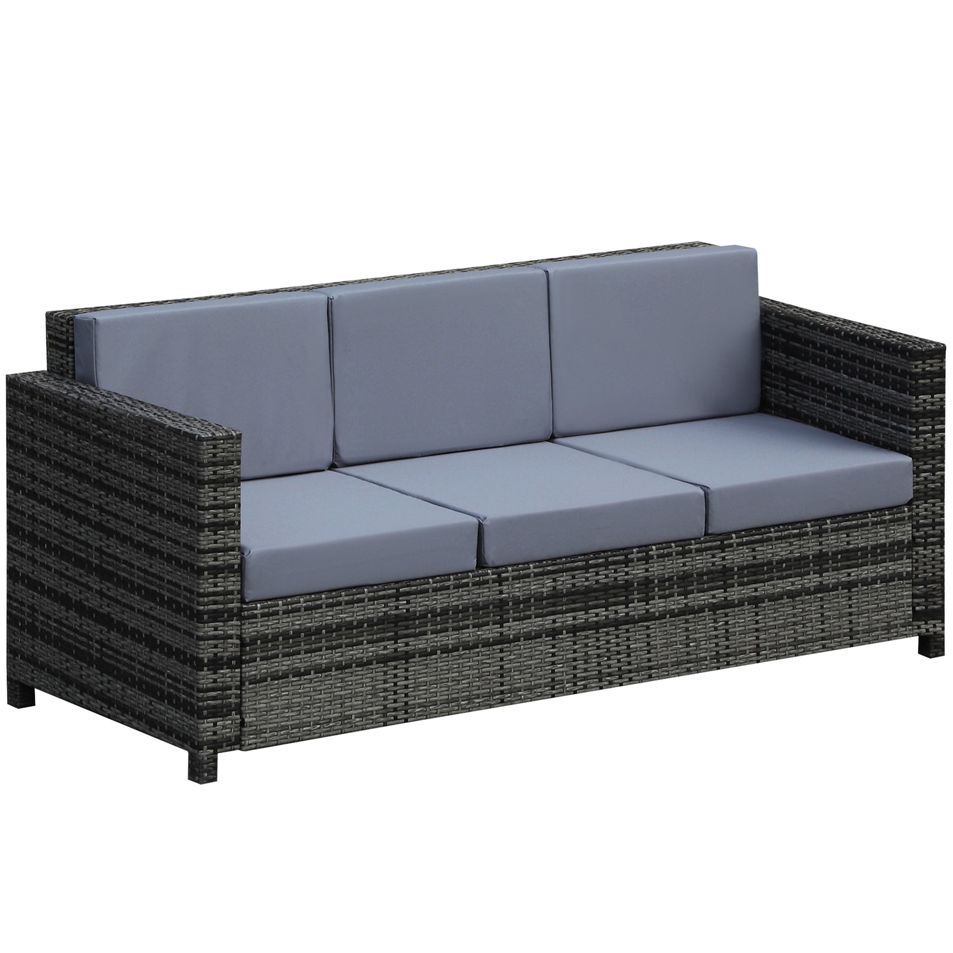 Photo of Outsunny 3 Seater All Weather Outdoor Sofa, Garden Rattan Sofa with Cushions and Mental Frame, Grey in Grey colour on a white background
