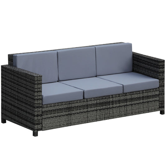 Photo of Outsunny 3 Seater All Weather Outdoor Sofa, Garden Rattan Sofa with Cushions and Mental Frame, Grey in Grey colour on a white background