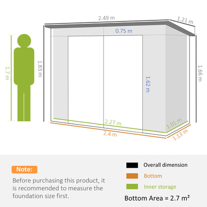 Steel shed dimension diagram showing exterior measurements and interior storage space