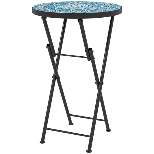 Photo of Outsunny Mosaic Outdoor Garden Table, 35.5cm Round Folding Coffee Table with Metal Frame for Balcony Terrace, Blue in Blue colour on a white background