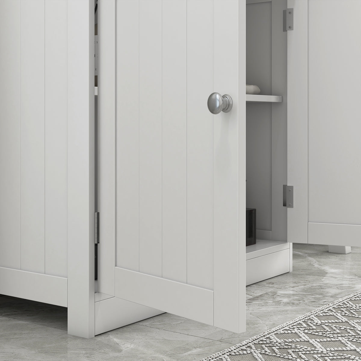 Close-up of the cabinet's open paneled door and interior shelf