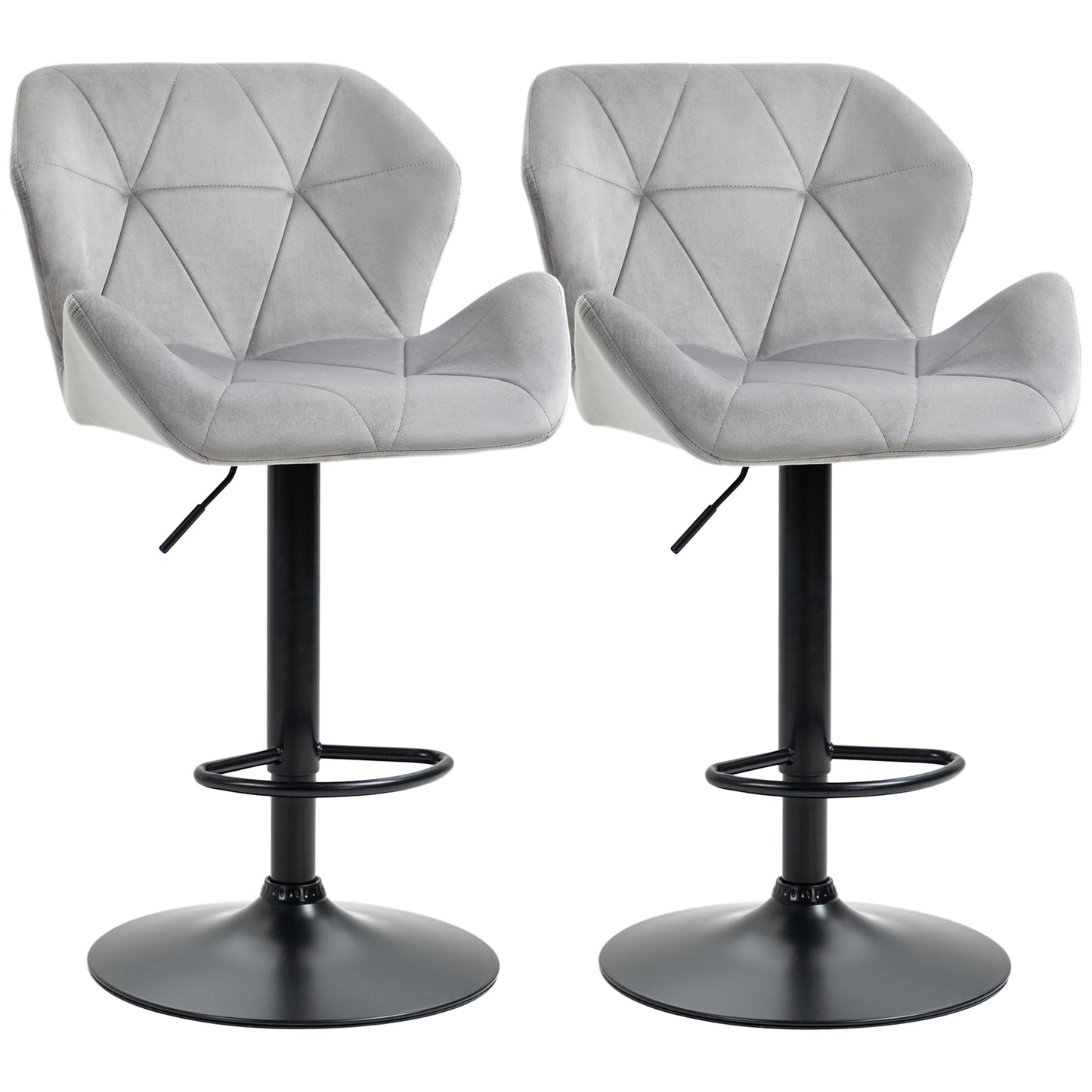 Photo of HOMCOM Bar Stools Set Of 2, Luxurious Velvet-Touch Barstools with Metal Frame Footrest Round Base Triangle Indenting Moulded Seat Adjustable Height Swivel Grey in Grey colour on a white background