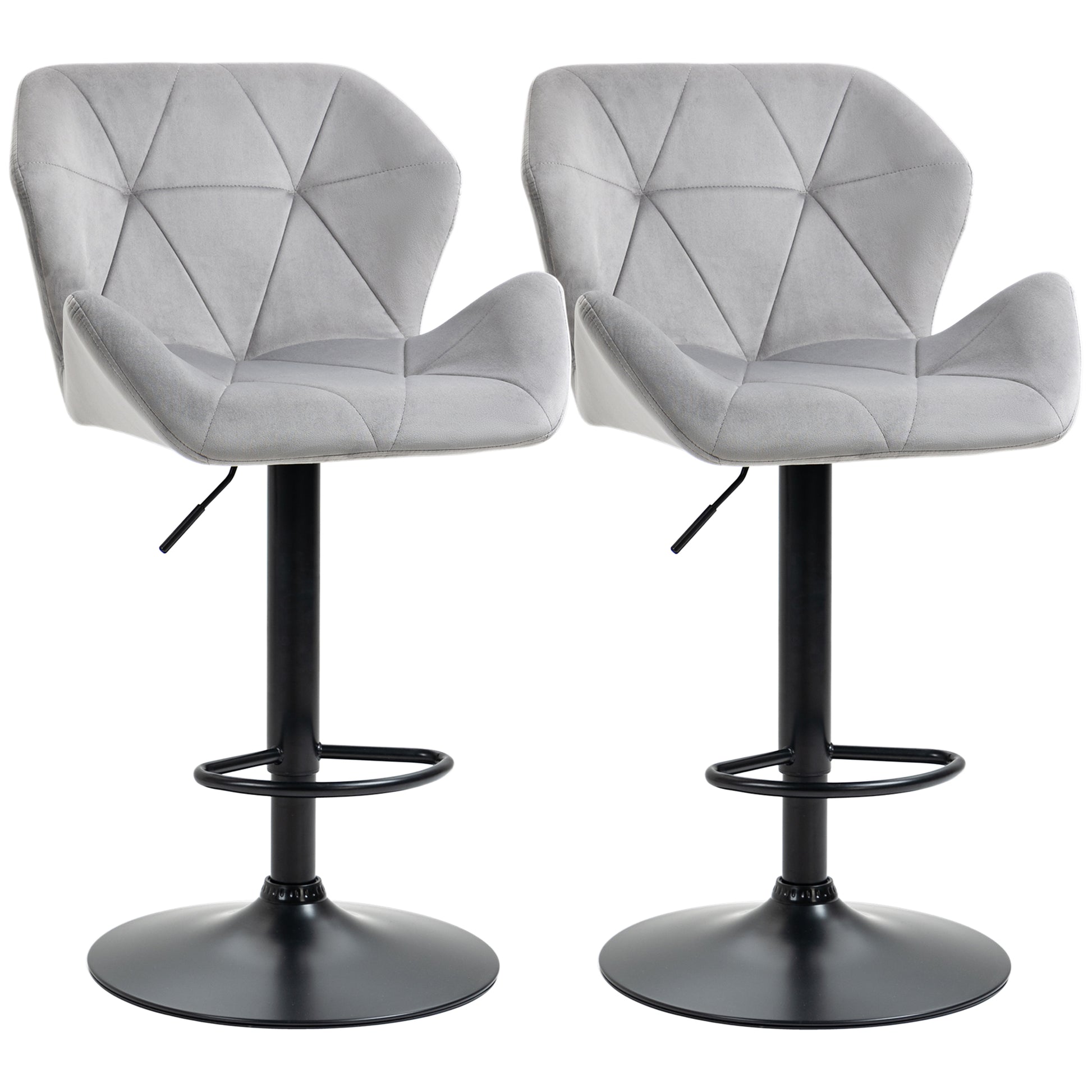 Photo of HOMCOM Bar Stools Set Of 2, Luxurious Velvet-Touch Barstools with Metal Frame Footrest Round Base Triangle Indenting Moulded Seat Adjustable Height Swivel Grey in Grey colour on a white background