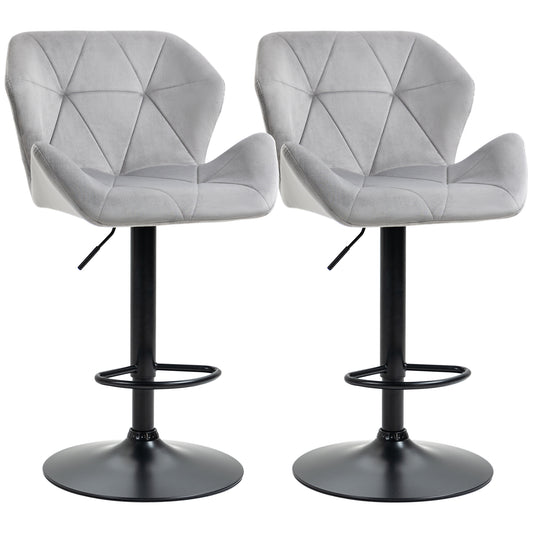 Photo of HOMCOM Bar Stools Set Of 2, Luxurious Velvet-Touch Barstools with Metal Frame Footrest Round Base Triangle Indenting Moulded Seat Adjustable Height Swivel Grey in Grey colour on a white background