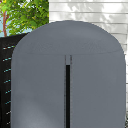 Close-up of the grey hanging chair cover's rounded top and front zipper.