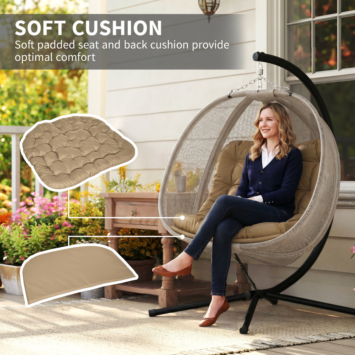 Outsunny hanging egg chair with soft brown cushions and separate seat and back pads