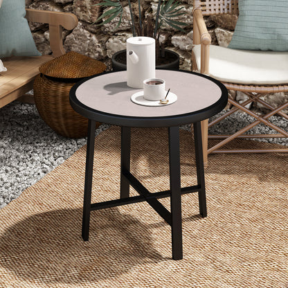 Outsunny round side table with gray wood-effect top and cross-braced black metal legs