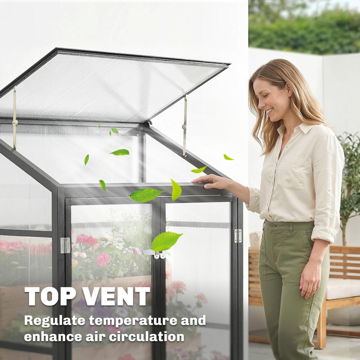 Outsunny 4 x 2ft Polycarbonate Greenhouse, Quick Setup, Lean-to Green House with 2 Hinged Doors, Top Vent, Black