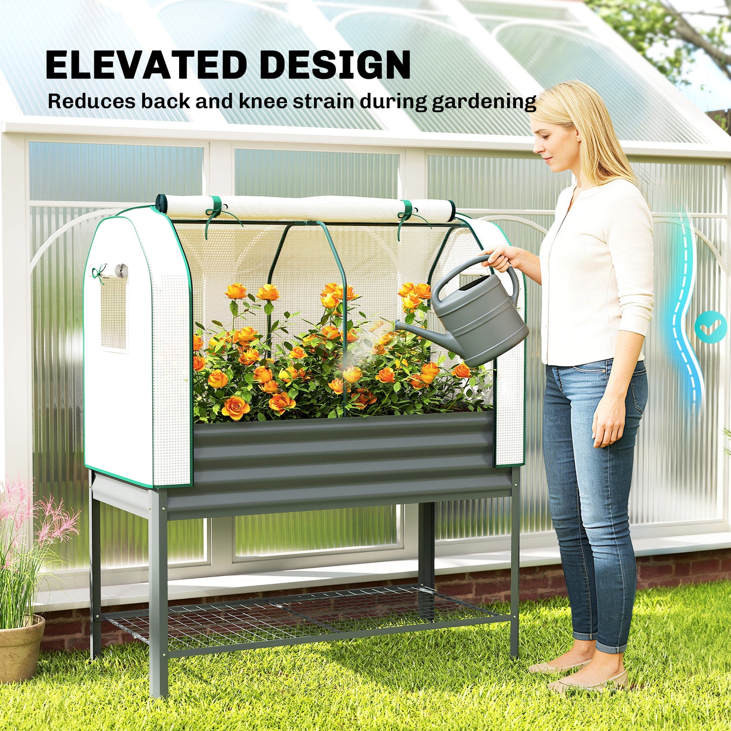 Outsunny Galvanised Raised Planter with Greenhouse Cover, Metal Raised Garden Bed on Legs with Bed Liner and Bottom Shelf