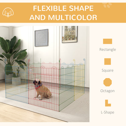 Multicolor metal pet playpen shown in a rectangular shape with a door