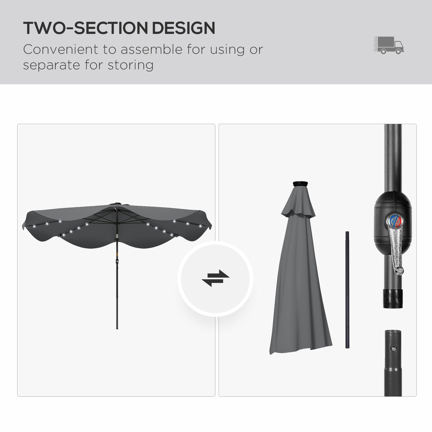 Outsunny Solar Patio Umbrella with LED and Tilt, Outdoor Market Table Umbrella Parasol with Crank, 3 x 3 (m), Dark Grey