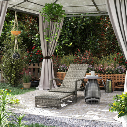 Grey rattan reclining lounger and extended footrest in an outdoor setting