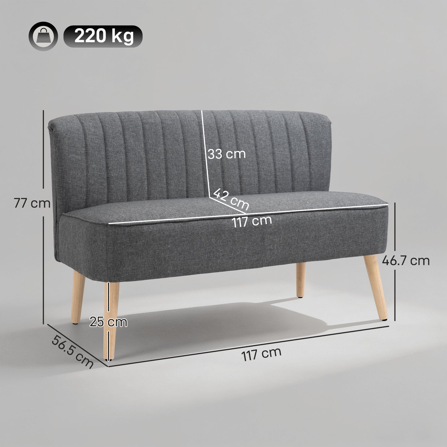 HOMCOM 117cm Loveseat Sofa Upholstered Small 2 Seater Sofa with Thick Padded Seat and Rubber Wood Legs, Grey