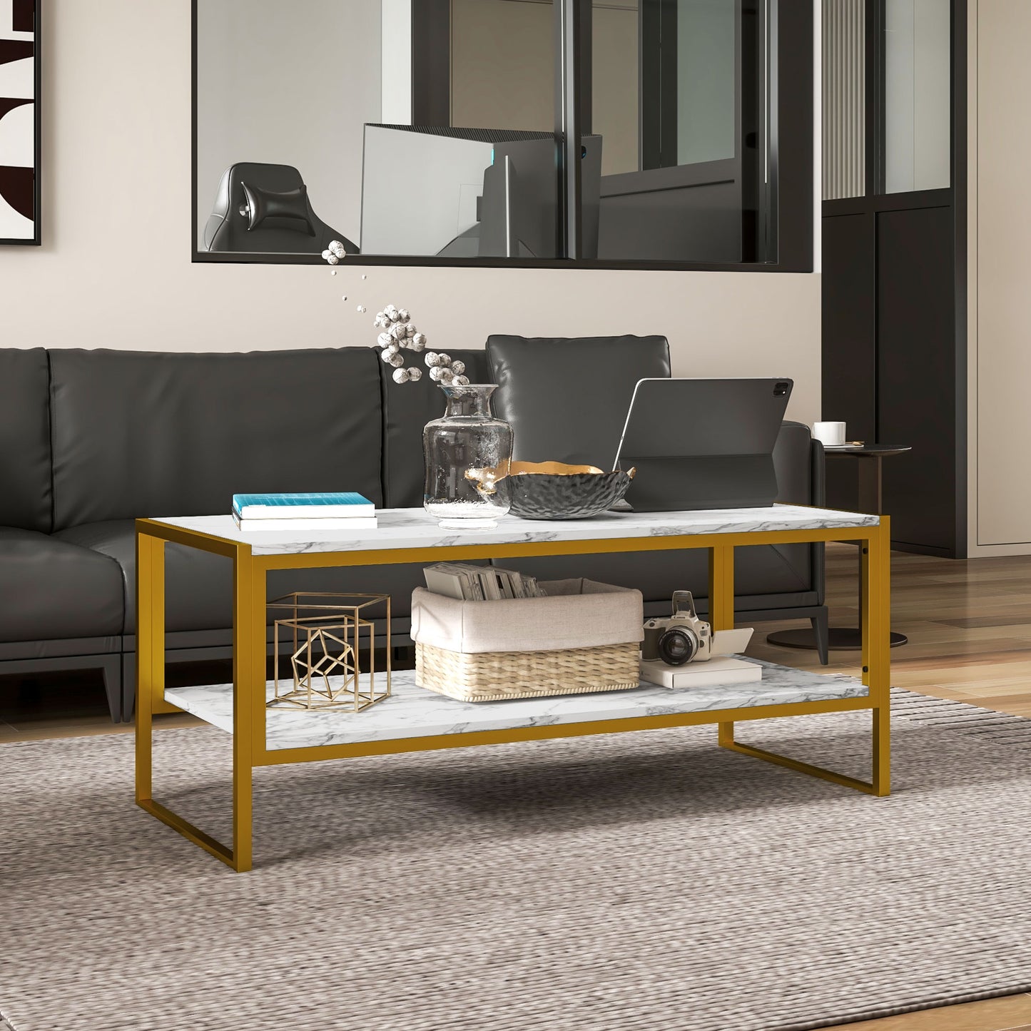 HOMCOM Coffee Table, Two-Tier Faux Marble Effect Centre Table with Metal Frame and Storage Shelf for Living Room, 106 x 50 x 45cm, White