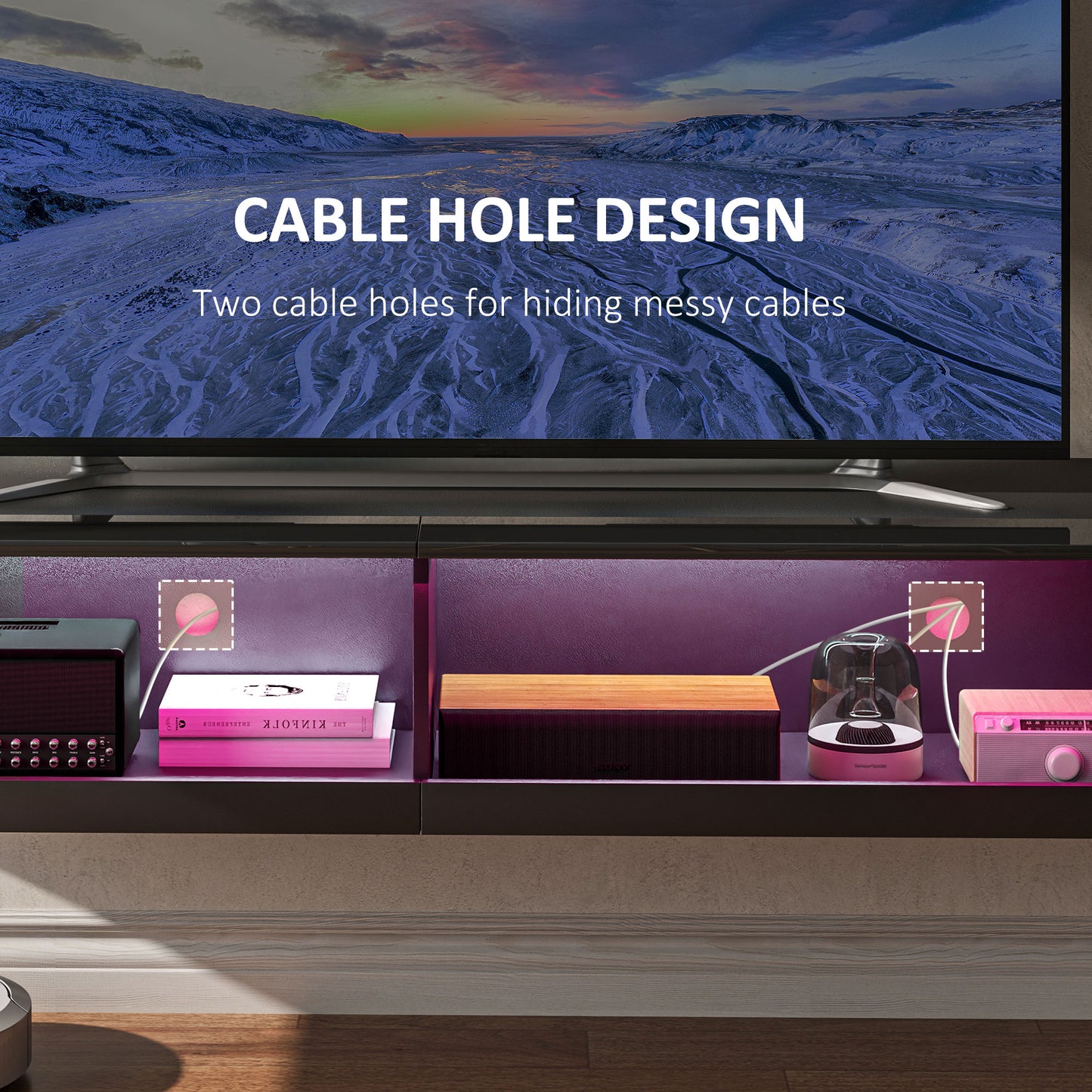 HOMCOM Floating TV Unit, Wall Mounted TV Cabinet for TVs up to 65", High Gloss Media Wall Unit with LED Lights, Storage Shelves, APP Control for Living Entertainment Room, Black