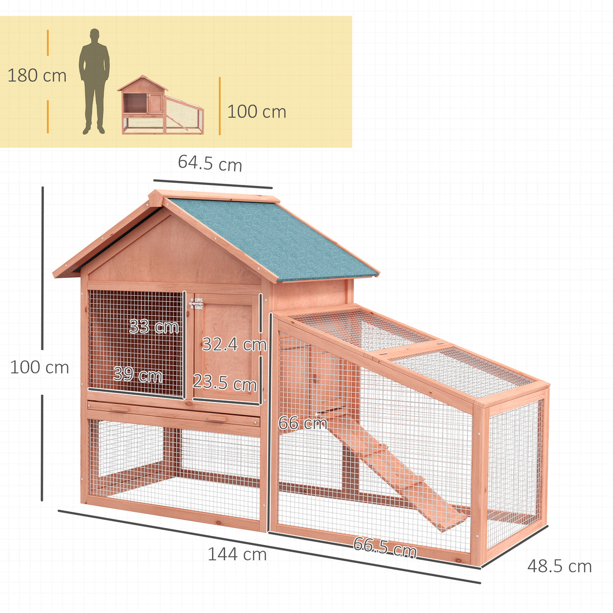 PawHut 2-Tier Outdoor Rabbit Hutch with Large Run, Ramp & Slide-Out Tray, Fir Wood, 144 x 64.5 x 100 cm, Orange