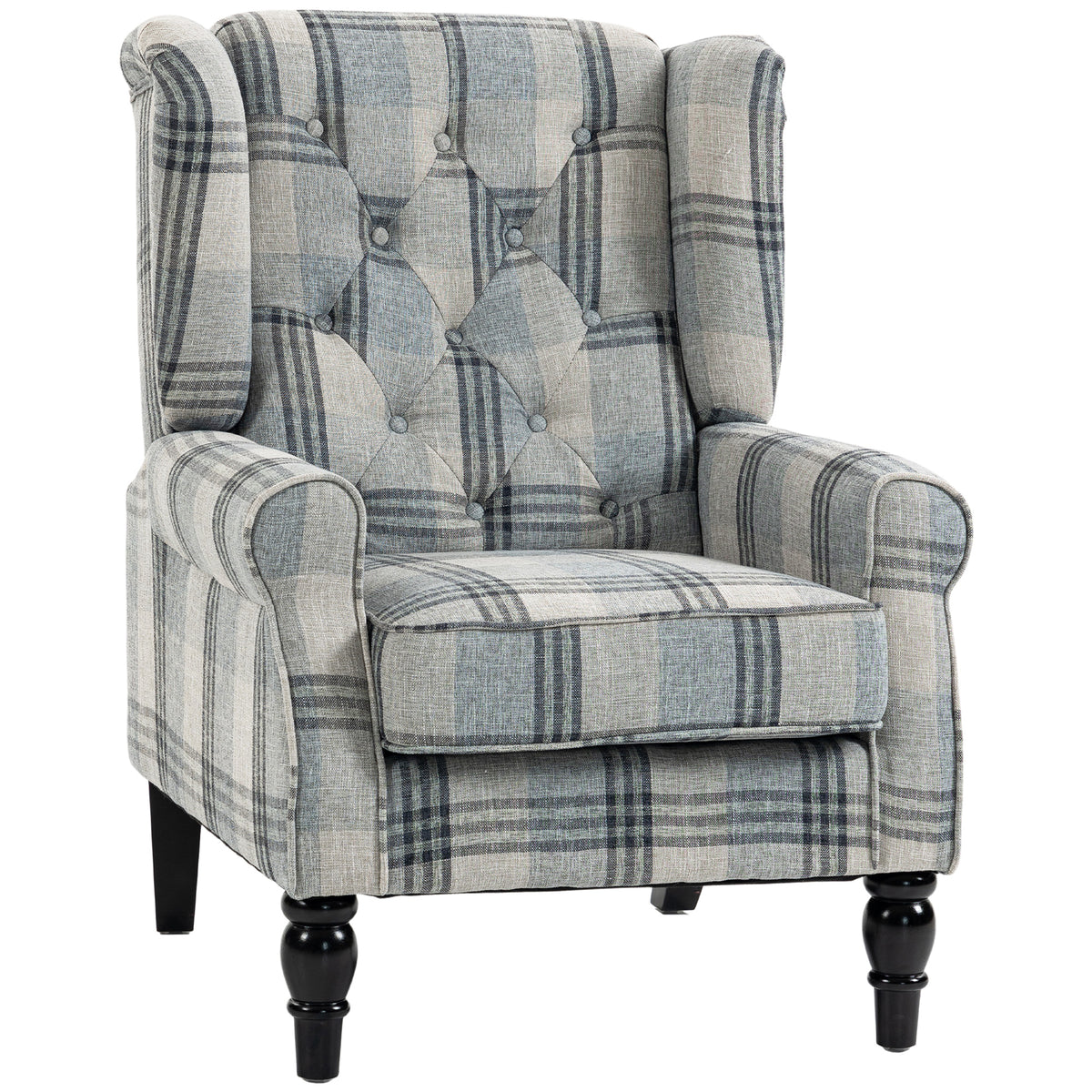 Photo of HOMCOM Faux Linen Armchair with Thick Spring Cushion, Wingback Accent Chair with High Back, Solid Wood Legs, Mixed Plaid in Plaid colour on a white background