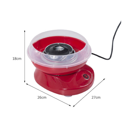 Red HOMCOM cotton candy maker with clear bowl and power cord; dimensions shown.