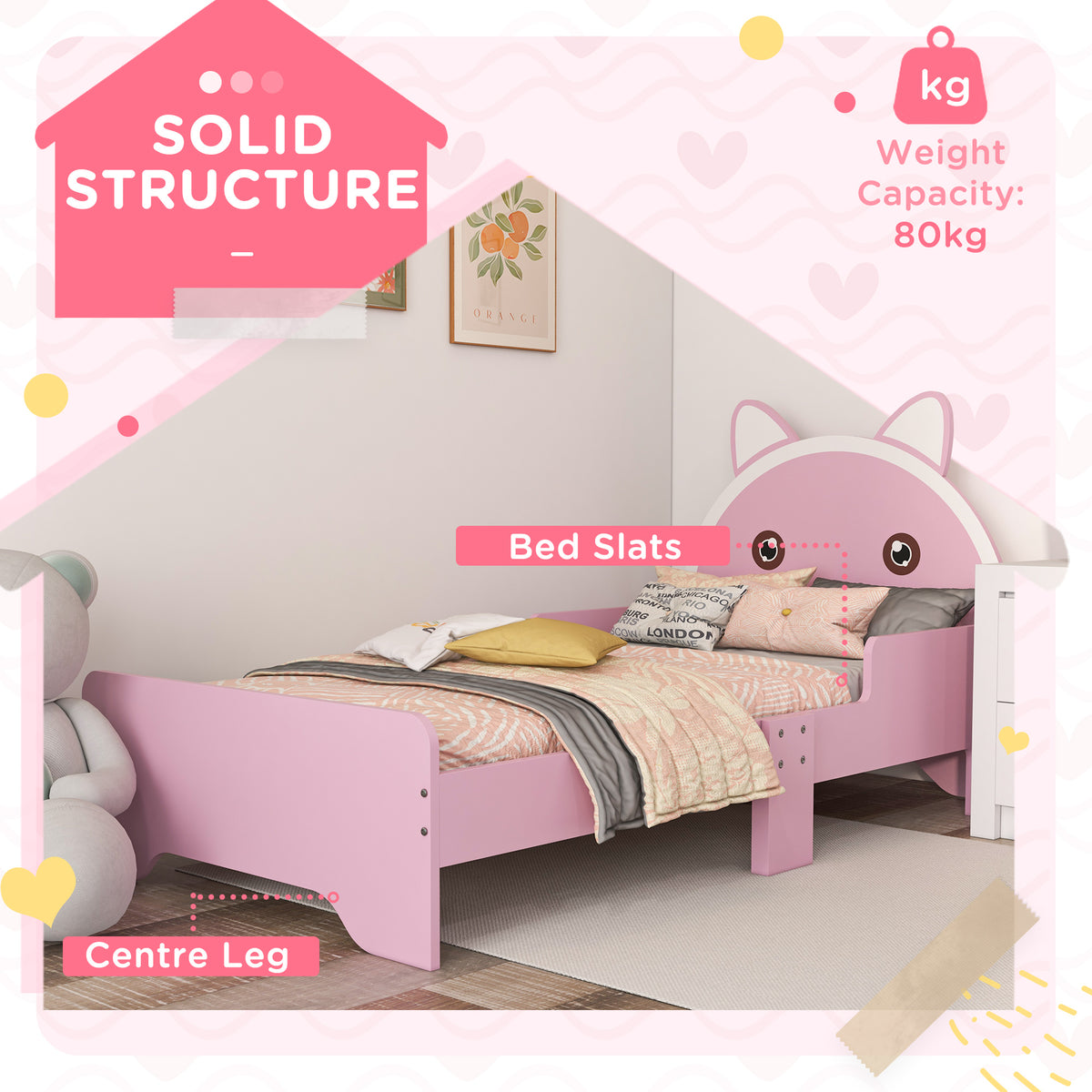 Pink cat-shaped toddler bed with slatted base and center support leg, shown with bedding