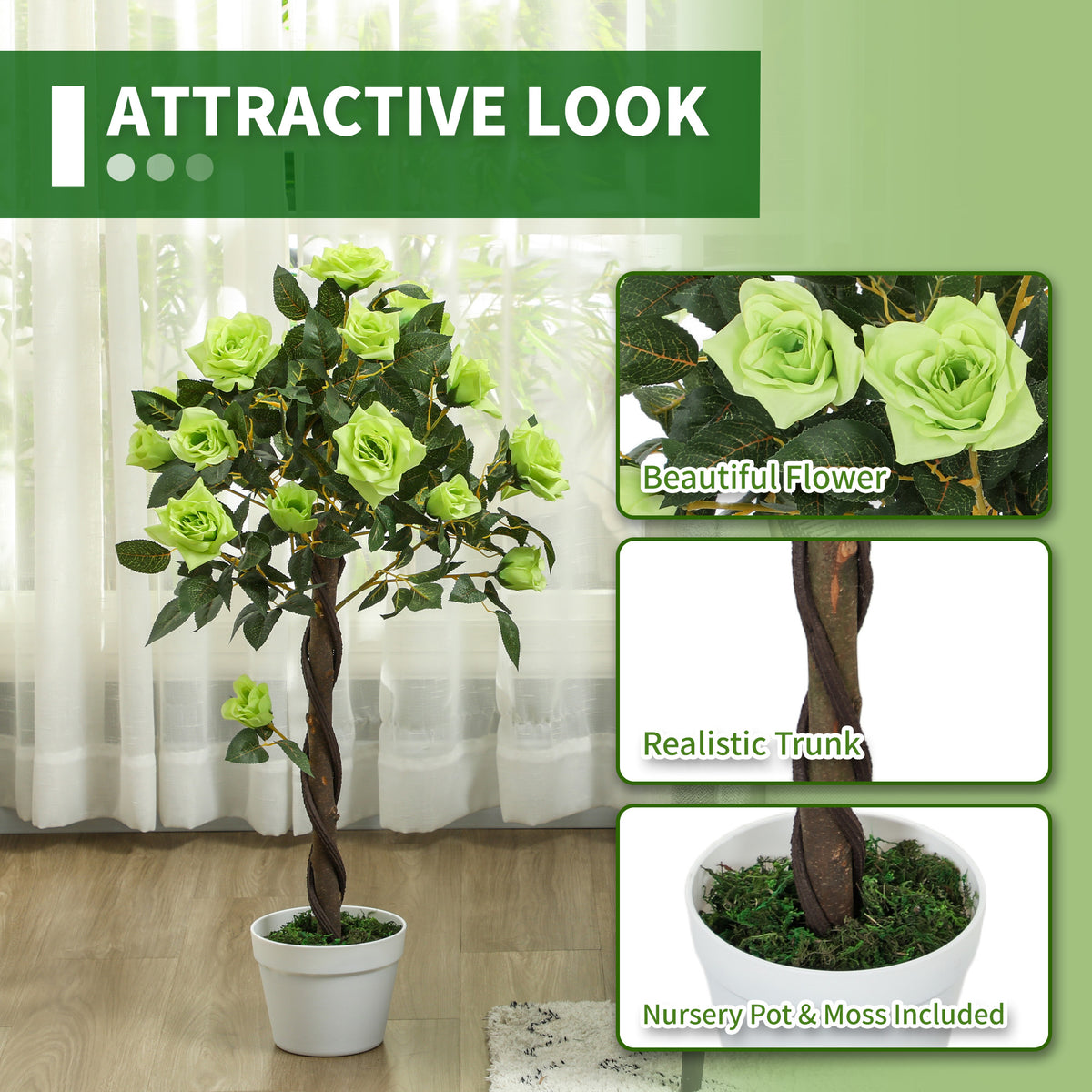 Faux rose tree with lime-green roses, a twisted trunk, and moss in a white pot