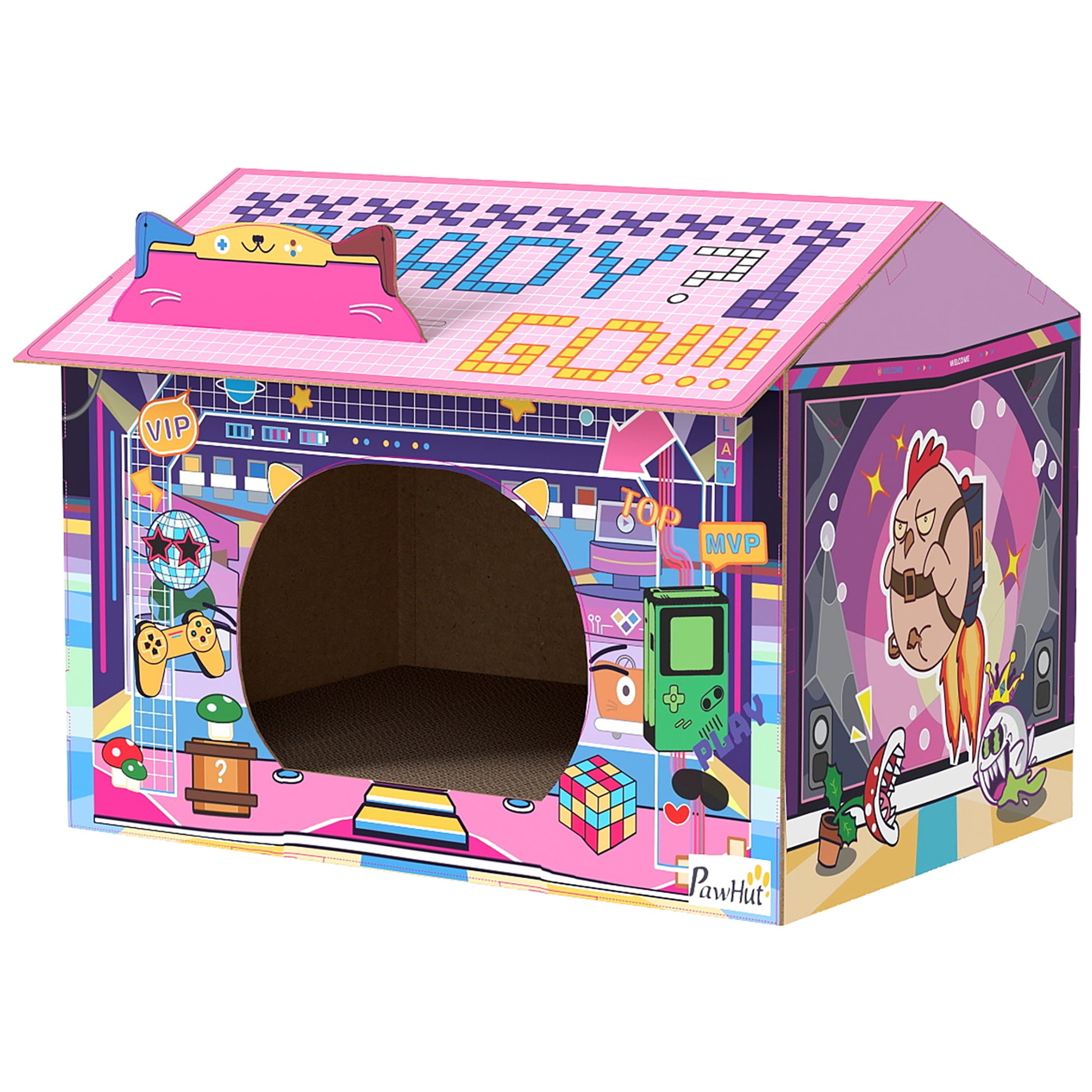 Photo of PawHut 2 in 1 Gaming Style Cardboard Cat House with Scratching Board & Catnip for Indoor Cats, Pink in Pink colour on a white background