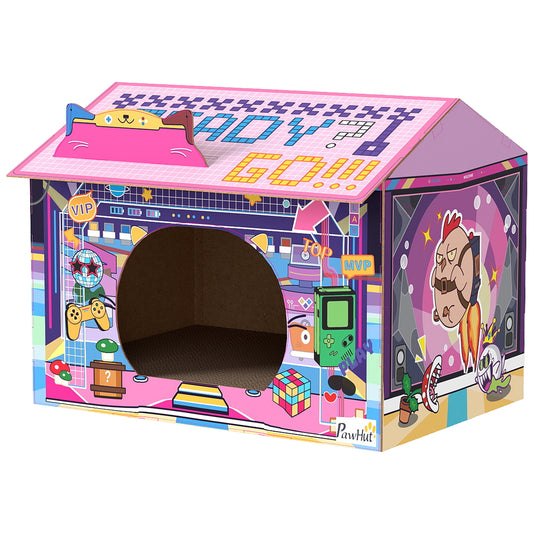 Photo of PawHut 2 in 1 Gaming Style Cardboard Cat House with Scratching Board & Catnip for Indoor Cats, Pink in Pink colour on a white background