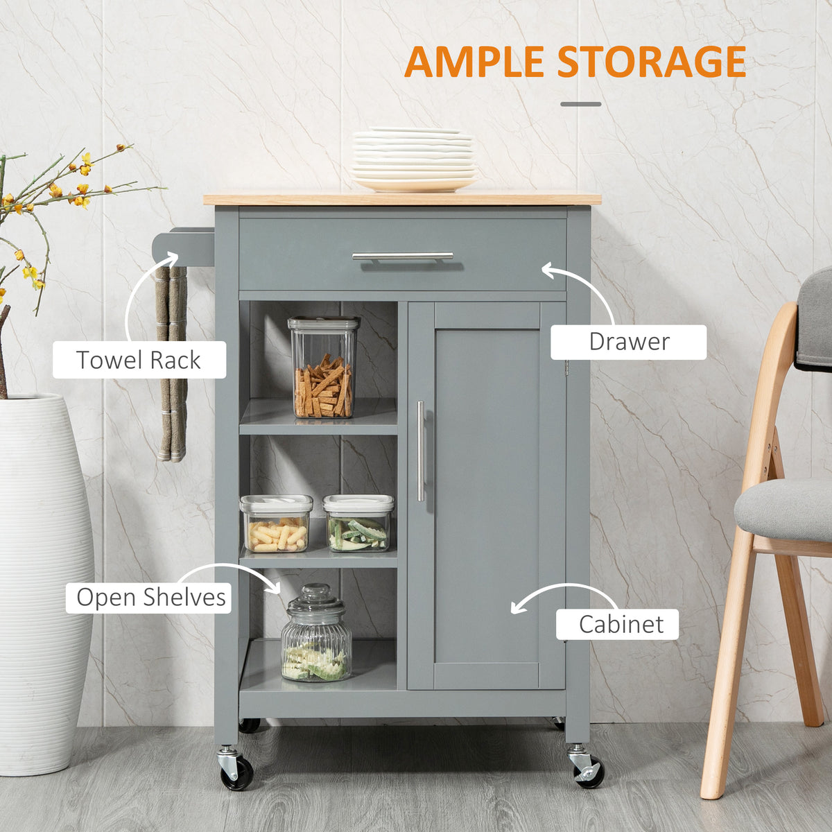 Grey kitchen trolley showing a drawer, cabinet, open shelves and side towel rack