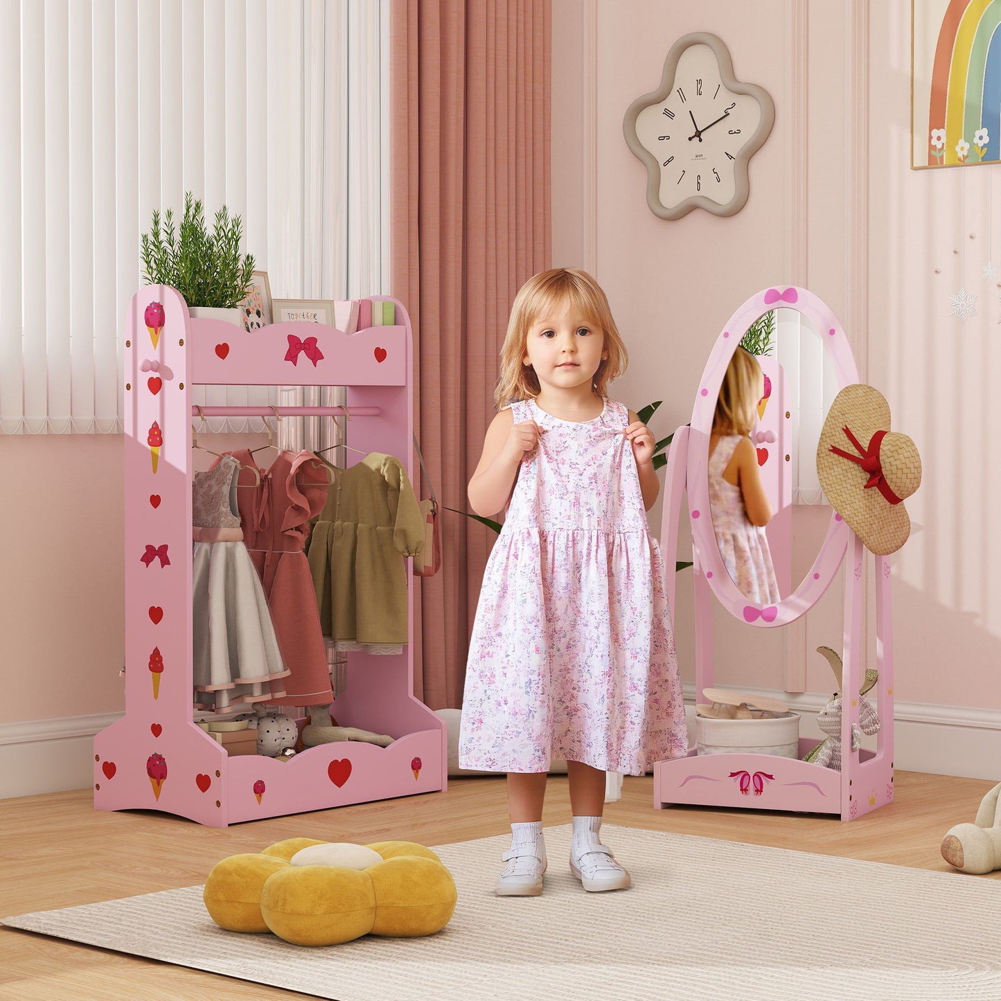 AIYAPLAY Kids Clothes Rail, Kids Dressing Mirror with 360° Rotating, 2 Piece Kids Furniture Set with Storage Shelves, Pink