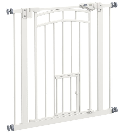 Photo of PawHut Pressure Fit Stair Gate, Dog Gate w/ Small Cat Door, Auto Closing System, Double Locking Openings, 74-80cm - White in White colour on a white background