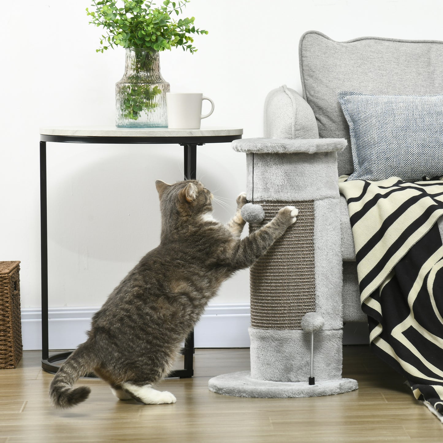 PawHut 58cm Cat Scratching Post, with Covered Plush, Play Balls, for Corner Walls - Grey