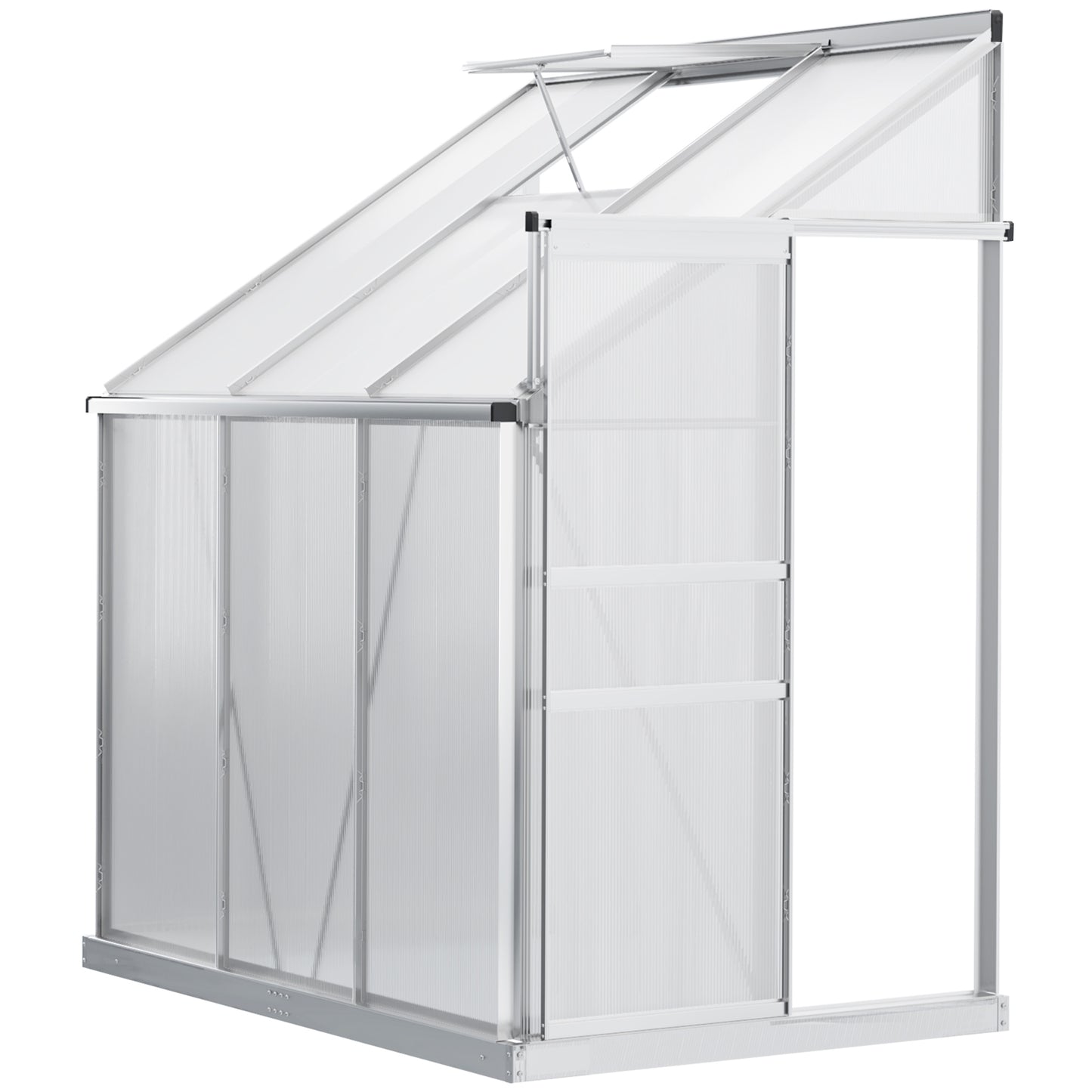 Photo of Outsunny 6 x 4ft Lean to Wall Polycarbonate Greenhouse Aluminium Walk-in Garden Greenhouse with Adjustable Roof Vent, Rain Gutter and Sliding Door, Clear in Clear colour on a white background