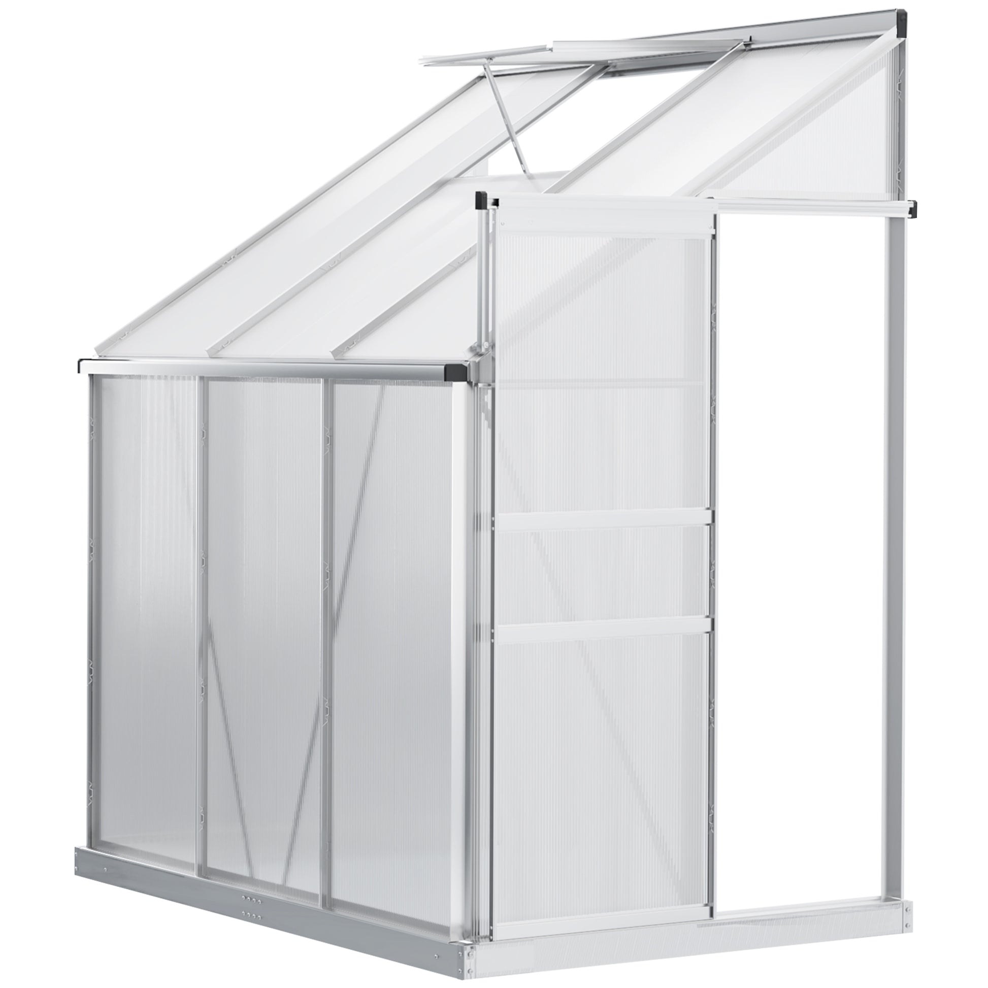 Photo of Outsunny 6 x 4ft Lean to Wall Polycarbonate Greenhouse Aluminium Walk-in Garden Greenhouse with Adjustable Roof Vent, Rain Gutter and Sliding Door, Clear in Clear colour on a white background