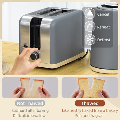 Two-slice toaster with browning controls beside a grey kettle